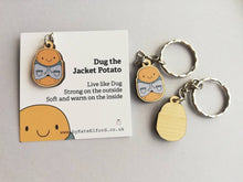 Load image into Gallery viewer, Dug the jacket potato keyring, cute positive mini key fob, self care, wooden potato charm