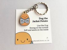 Load image into Gallery viewer, Dug the jacket potato keyring, cute positive mini key fob, self care, wooden potato charm