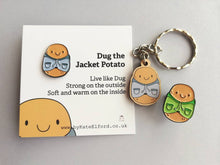Load image into Gallery viewer, Dug the jacket potato keyring, cute positive mini key fob, self care, wooden potato charm