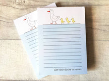 Load image into Gallery viewer, Duck notepad, A6 note pad, small lined planner, get your ducks in a row, duck and ducklings jotter pad