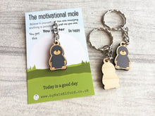 Load image into Gallery viewer, Tiny motivational mole keyring, mini wooden mole key fob, eco friendly wood, mole key chain, bag charm