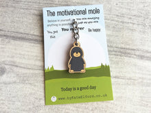 Load image into Gallery viewer, Tiny motivational mole keyring, mini wooden mole key fob, eco friendly wood, mole key chain, bag charm
