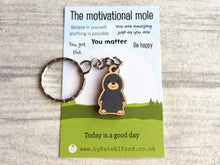 Load image into Gallery viewer, Tiny motivational mole keyring, mini wooden mole key fob, eco friendly wood, mole key chain, bag charm