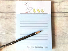 Load image into Gallery viewer, Duck notepad, A6 note pad, small lined planner, get your ducks in a row, duck and ducklings jotter pad