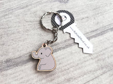 Load image into Gallery viewer, Mini elephant keyring, cute little grey elephant tag, wooden key chain, eco friendly charm