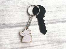 Load image into Gallery viewer, Mini elephant keyring, cute little grey elephant tag, wooden key chain, eco friendly charm