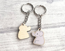 Load image into Gallery viewer, Mini elephant keyring, cute little grey elephant tag, wooden key chain, eco friendly charm