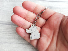 Load image into Gallery viewer, Mini elephant keyring, cute little grey elephant tag, wooden key chain, eco friendly charm
