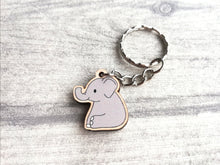 Load image into Gallery viewer, Mini elephant keyring, cute little grey elephant tag, wooden key chain, eco friendly charm