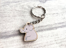 Load image into Gallery viewer, Mini elephant keyring, cute little grey elephant tag, wooden key chain, eco friendly charm