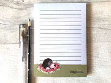 Load image into Gallery viewer, Mole notepad, A6 note pad, small lined planner, I dig lists, mole jotter pad