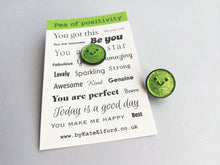 Load image into Gallery viewer, Pea of positivity glitter enamel pin, cute green pea, positive gift, friendship, supportive badge
