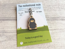 Load image into Gallery viewer, Tiny motivational mole keyring, mini wooden mole key fob, eco friendly wood, mole key chain, bag charm