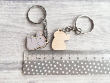 Load image into Gallery viewer, Mini elephant keyring, cute little grey elephant tag, wooden key chain, eco friendly charm