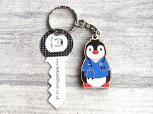 Load image into Gallery viewer, Nurse penguin keyring, nursing wooden key fob, eco friendly wood, Boo the penguin key chain, bag charm
