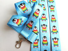 Load image into Gallery viewer, Rainbow penguin lanyard, Boo the penguin, quick release, ID holder
