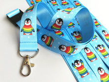 Load image into Gallery viewer, Rainbow penguin lanyard, Boo the penguin, quick release, ID holder