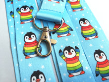 Load image into Gallery viewer, Rainbow penguin lanyard, Boo the penguin, quick release, ID holder
