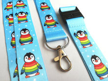 Load image into Gallery viewer, Rainbow penguin lanyard, Boo the penguin, quick release, ID holder
