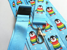 Load image into Gallery viewer, Rainbow penguin lanyard, Boo the penguin, quick release, ID holder
