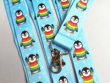 Load image into Gallery viewer, Rainbow penguin lanyard, Boo the penguin, quick release, ID holder