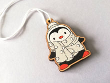 Load image into Gallery viewer, Mini penguin Christmas decorations. Eco friendly. Grey or red small Christmas tree ornaments.