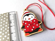 Load image into Gallery viewer, Mini penguin Christmas decorations. Eco friendly. Grey or red small Christmas tree ornaments.