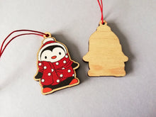 Load image into Gallery viewer, Mini penguin Christmas decorations. Eco friendly. Grey or red small Christmas tree ornaments.