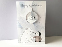 Load image into Gallery viewer, Cute penguin and polar bear Christmas card and recycled acrylic decoration