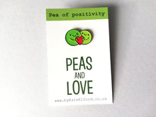 Load image into Gallery viewer, Peas and love, pea of positivity enamel pin, cute green peas and a love heart, positive enamel peace and love badge