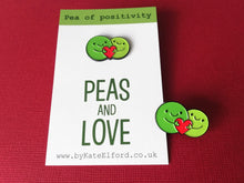 Load image into Gallery viewer, Peas and love, pea of positivity enamel pin, cute green peas and a love heart, positive enamel peace and love badge
