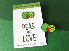 Load image into Gallery viewer, Peas and love, pea of positivity enamel pin, cute green peas and a love heart, positive enamel peace and love badge