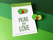 Load image into Gallery viewer, Peas and love, pea of positivity enamel pin, cute green peas and a love heart, positive enamel peace and love badge