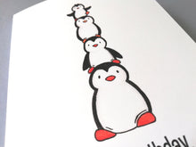 Load image into Gallery viewer, Penguin birthday card, happy birthday, here's a pile of penguins. Funny penguin small card