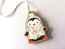 Load image into Gallery viewer, Mini penguin Christmas decorations. Eco friendly. Grey or red small Christmas tree ornaments.