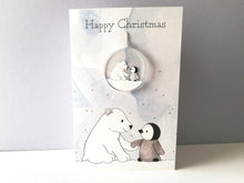 Load image into Gallery viewer, Cute penguin and polar bear Christmas card and recycled acrylic decoration