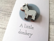 Load image into Gallery viewer, Very tiny donkey magnet, cute mini grey donkey wooden magnet, ethically sourced wood, eco friendly fridge magnet