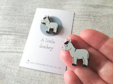 Load image into Gallery viewer, Very tiny donkey magnet, cute mini grey donkey wooden magnet, ethically sourced wood, eco friendly fridge magnet