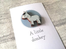 Load image into Gallery viewer, Very tiny donkey magnet, cute mini grey donkey wooden magnet, ethically sourced wood, eco friendly fridge magnet