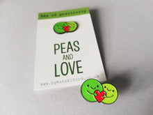 Load image into Gallery viewer, Peas and love, pea of positivity enamel pin, cute green peas and a love heart, positive enamel peace and love badge