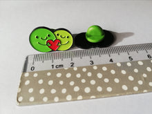 Load image into Gallery viewer, Peas and love, pea of positivity enamel pin, cute green peas and a love heart, positive enamel peace and love badge
