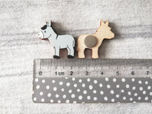 Load image into Gallery viewer, Very tiny donkey magnet, cute mini grey donkey wooden magnet, ethically sourced wood, eco friendly fridge magnet