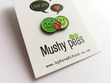 Load image into Gallery viewer, Mushy peas, pea of positivity enamel pin, cute peas and love heart. positive gift for someone special, best friend, boyfriend, girlfriend
