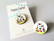 Load image into Gallery viewer, Easter penguins, wooden Easter pin, penguin bunny