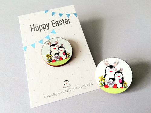 Easter penguins, wooden Easter pin, penguin bunny