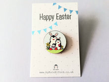 Load image into Gallery viewer, Easter penguins, wooden Easter pin, penguin bunny