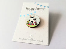 Load image into Gallery viewer, Easter penguins, wooden Easter pin, penguin bunny