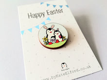 Load image into Gallery viewer, Easter penguins, wooden Easter pin, penguin bunny