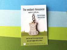 Load image into Gallery viewer, Mini resilient rhino keyring, mini wooden rhinoceros key fob, eco friendly wood, key chain, positive gift