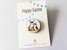 Load image into Gallery viewer, Easter penguins, wooden Easter pin, penguin bunny